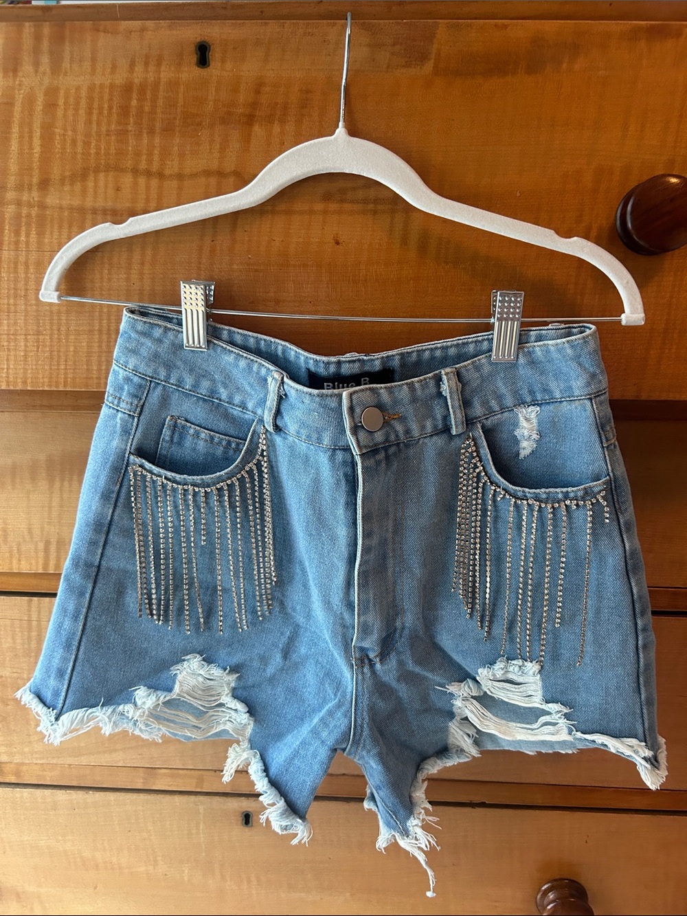 Blue Distressed Denim Shorts with Rhinestone Fringe
